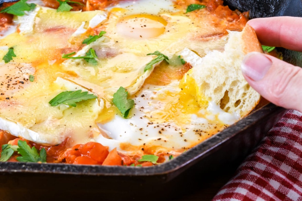 Eggs in Garlicky Tomato Sauce with Brie