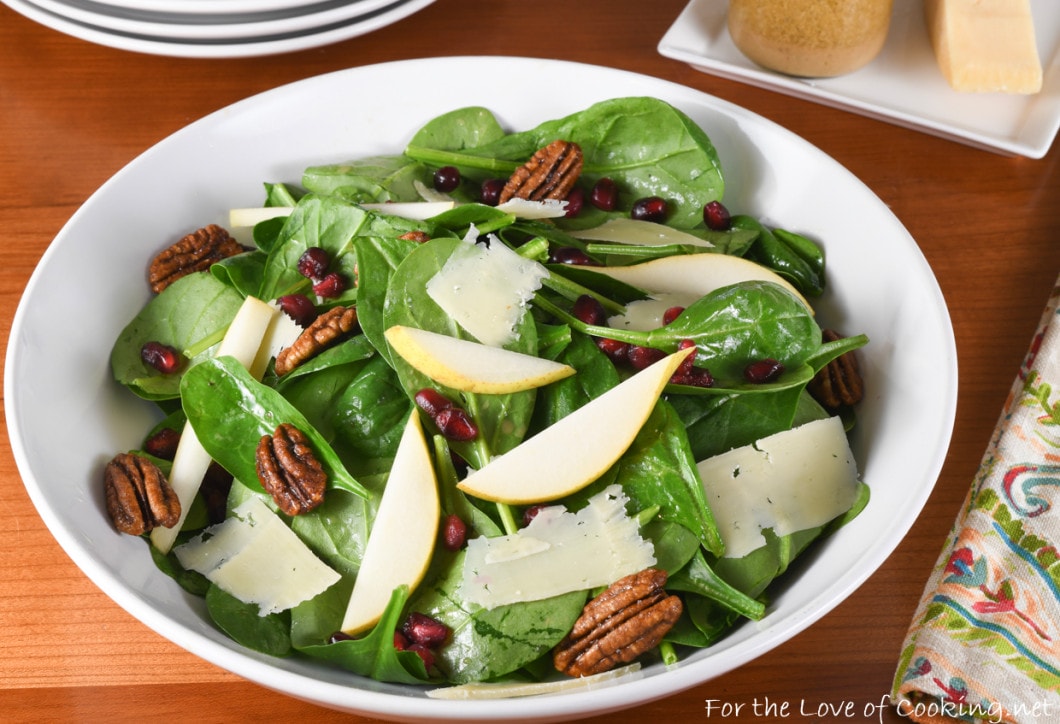 Spinach, Pear, and Pomegranate Salad with Candied Pecans and Shaved Parmesan