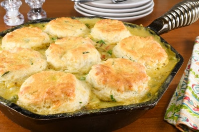 Chicken and Mushroom Skillet Pot Pie with Cheddar Chive Biscuits