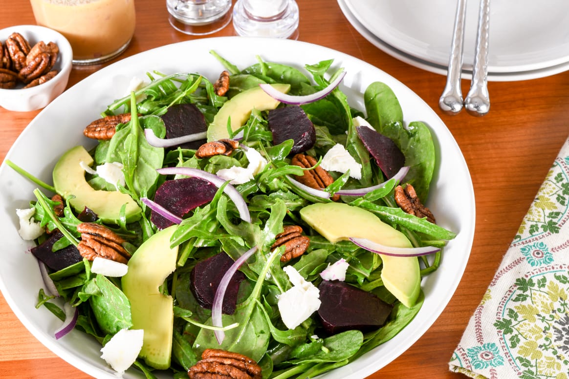 Roasted Beet, Goat Cheese, and Avocado Spinach Salad with Honey-Dijon Vinaigrette
