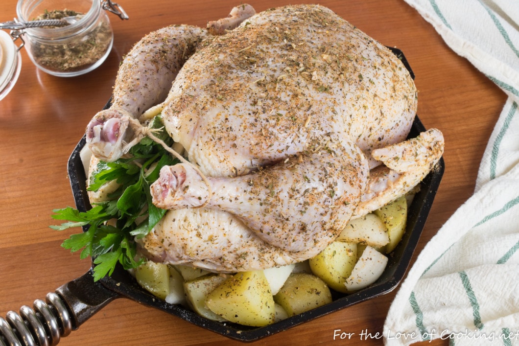 Skillet Whole Roasted Greek Chicken with Potatoes