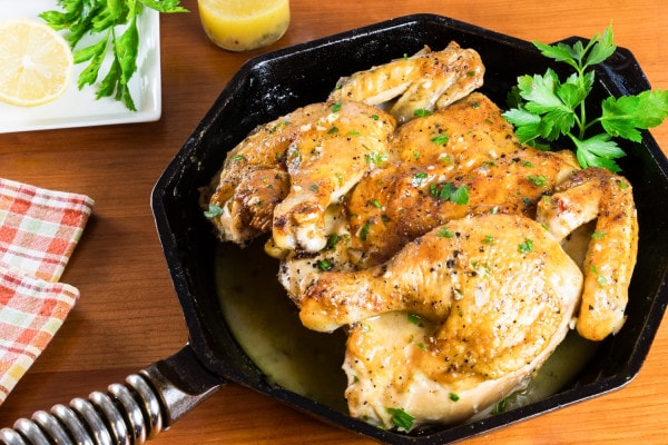 Roasted Spatchcocked Chicken with Lemon Wine Sauce