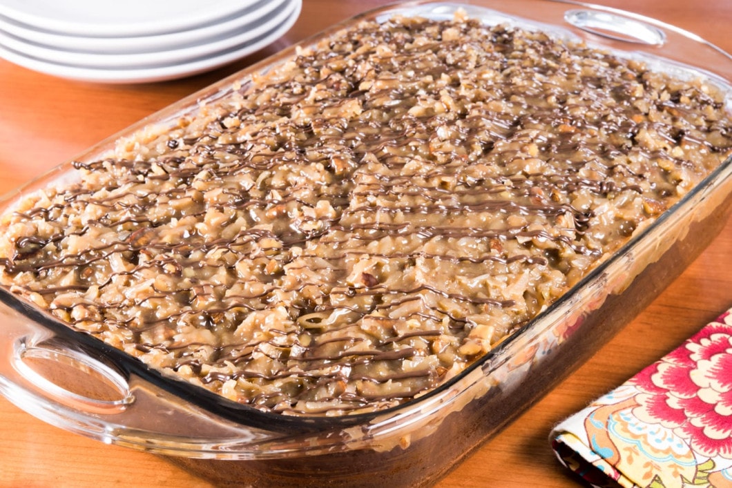 German Chocolate Snack Cake with Coconut-Pecan Frosting