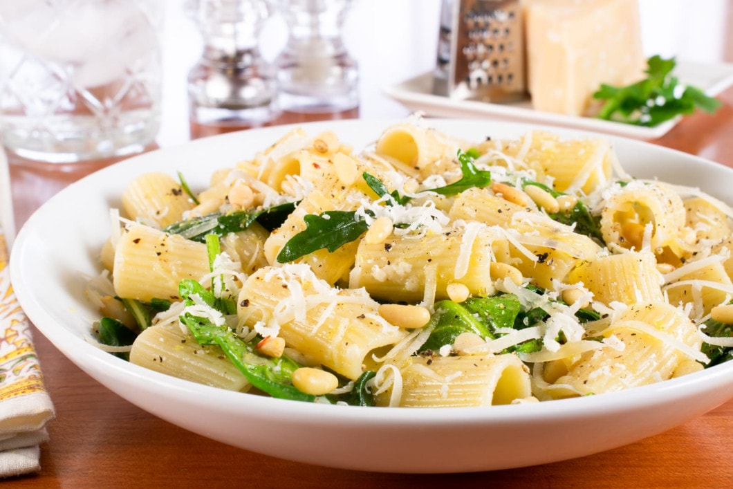 Lemony Rigatoni with Spinach, Arugula, and Pine Nuts