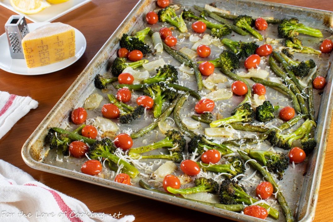Sheet Pan Roasted Broccoli, Green Beans, and Tomatoes with Lemon and Parmesan