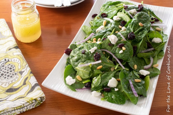 Spinach, Pine Nut, Cranberry, and Feta Salad with a White Balsamic Vinaigrette