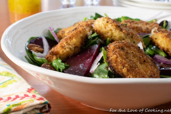 Fried Goat Cheese and Roasted Beet Salad with Arugula and Spinach