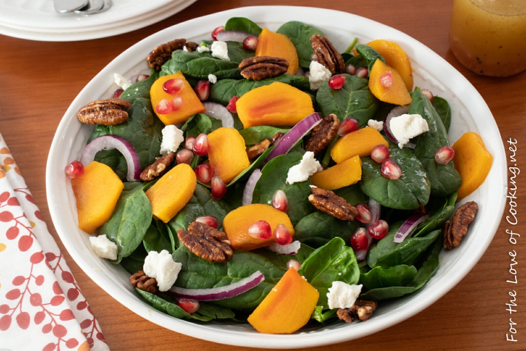 Spinach Salad with Persimmons, Pomegranate Seeds and Candied Pecans