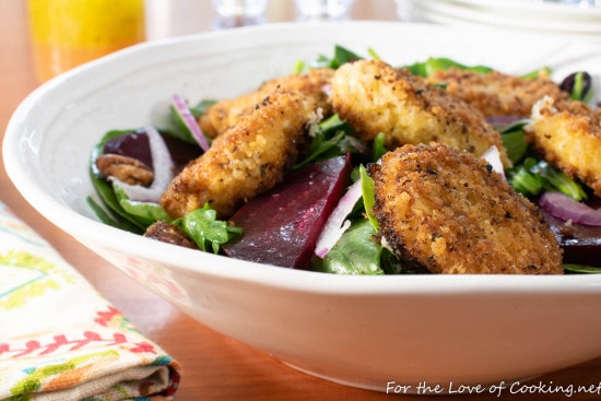 Fried Goat Cheese and Roasted Beet Salad with Arugula and Spinach