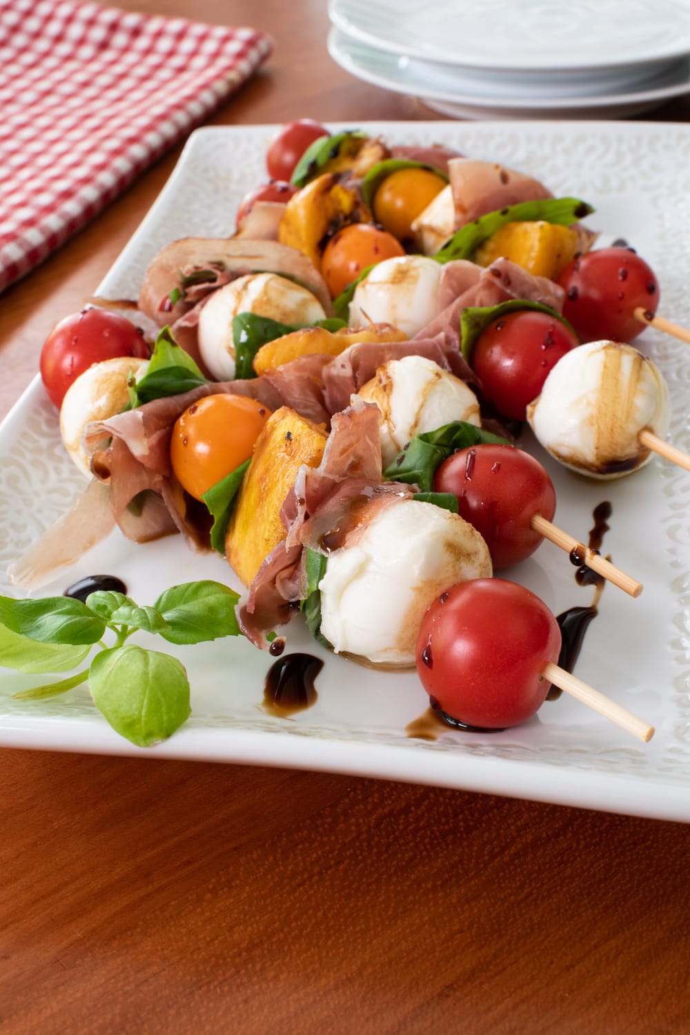 Caprese Skewers with Peach and Prosciutto