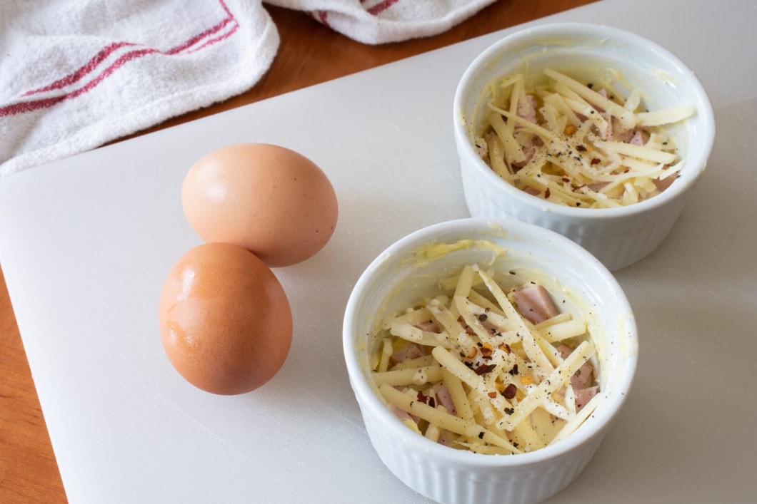 Coddled Eggs with Gruyere and Ham