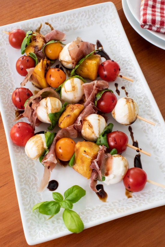 Caprese Skewers with Peach and Prosciutto