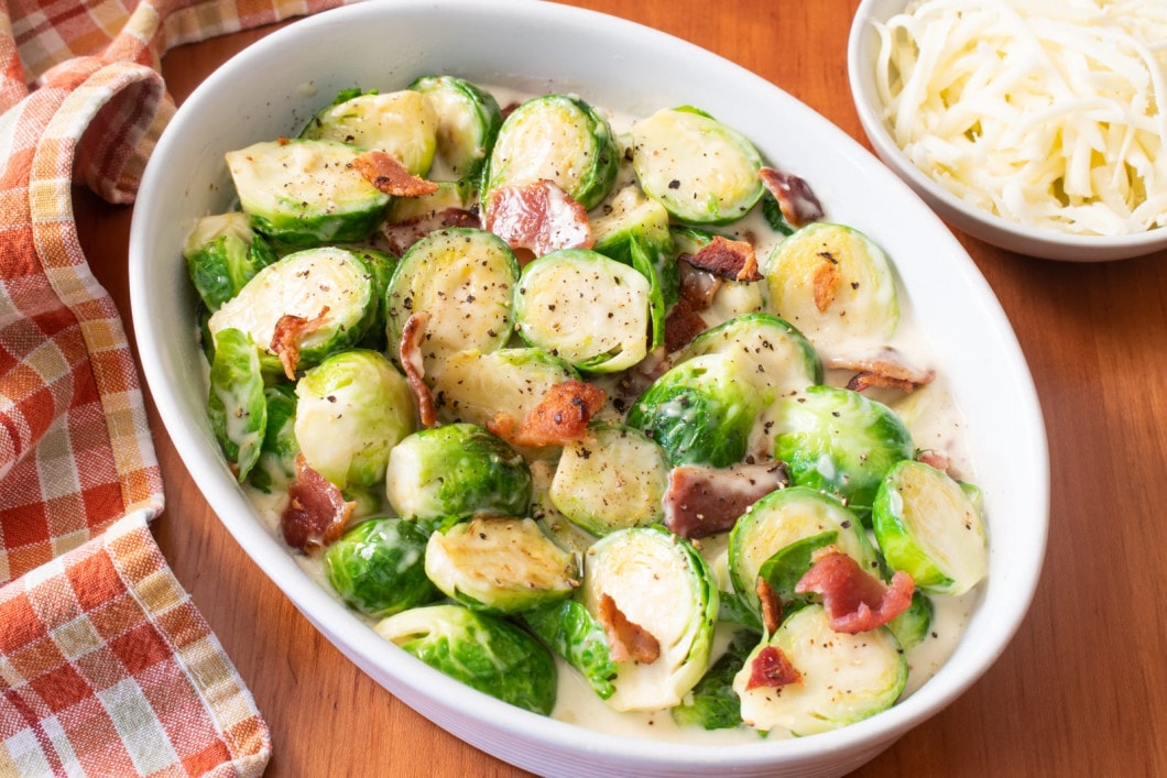 Creamy Garlic Parmesan Brussels Sprouts with Bacon