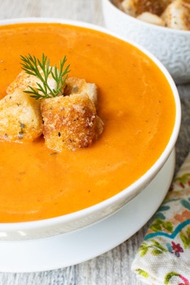 Creamy Tomato Soup with Buttery Croutons